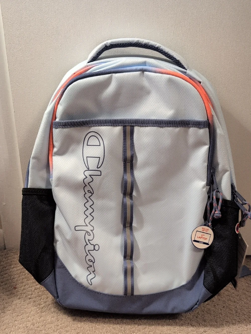 Champion Pale Blue Full Size Backpack with Dark Blue and Orange Fits 17